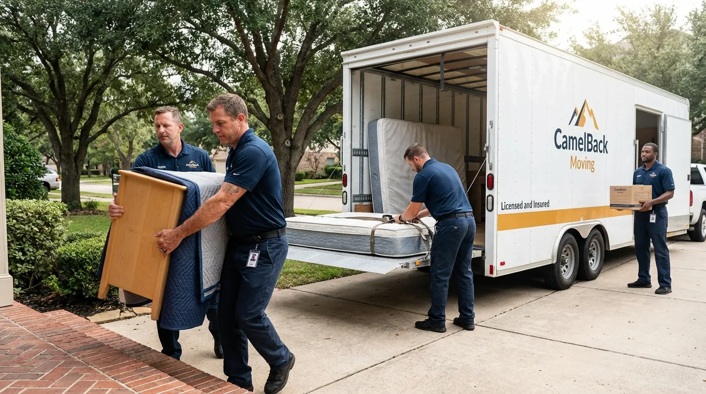 Crew loading residential truck for cross-state move from Mount Pleasant, TX