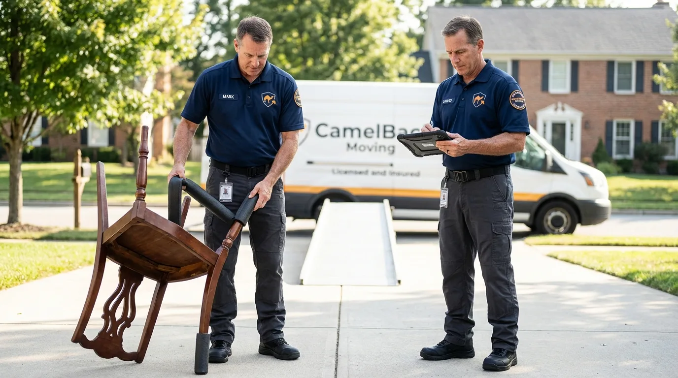 Movers inspecting furniture for damage prevention before loading in Mount Pleasant, TX