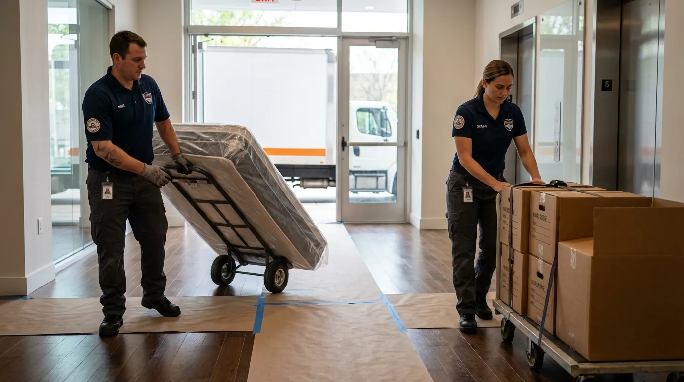 Professional apartment movers loading elevator in Mount Pleasant, TX